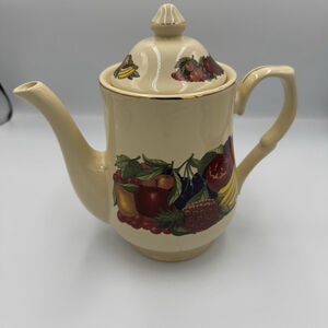 Vintage Ceramic Fruit Pattern Teapot with Lid Cream Color Kitchen Decor
